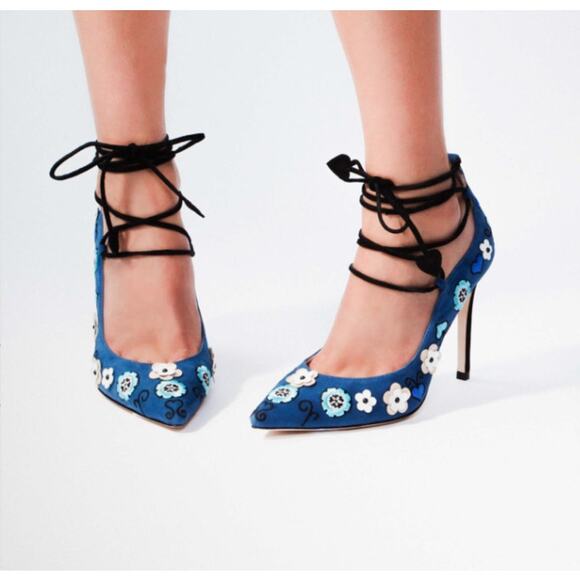 Isa Tapia Blue Suede Pointed Toe Floral Strappy Lace up Heels